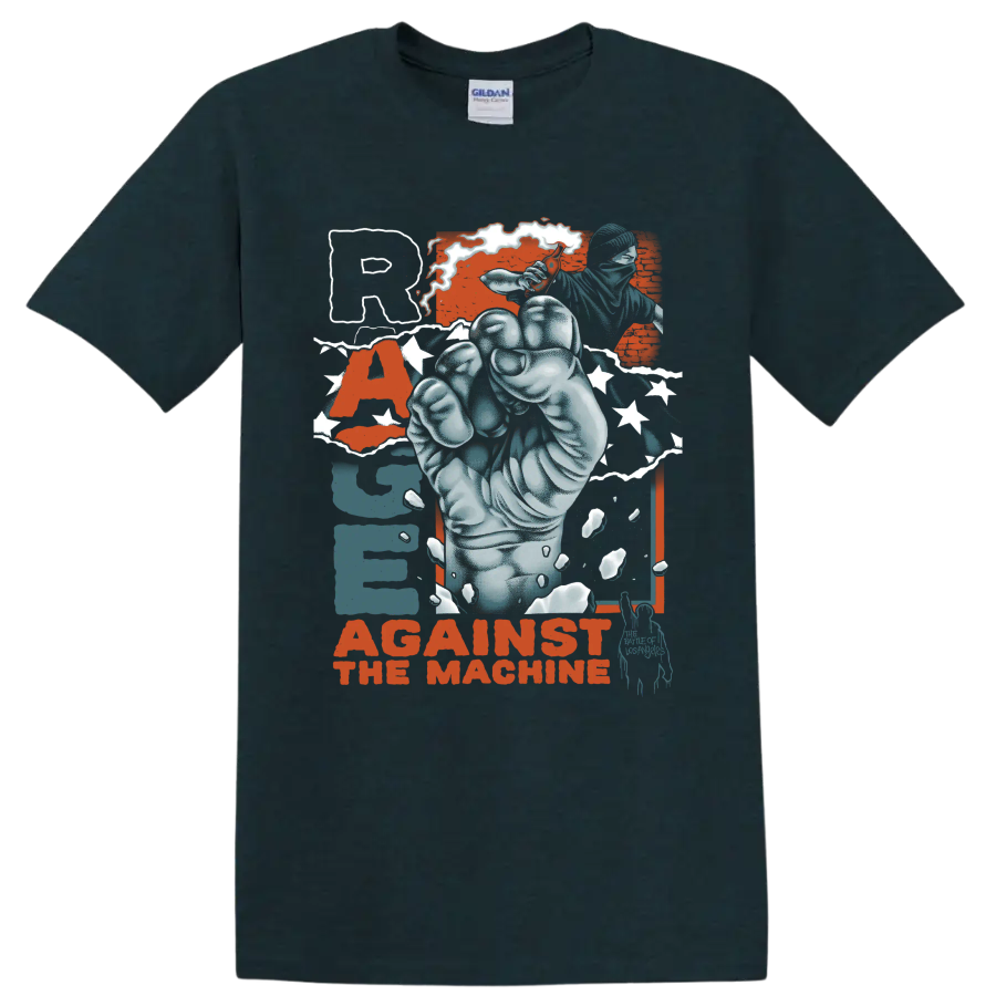 Rage Against the Machine distressed raised fist protest graphic on a Midnight (Green) T Shirt