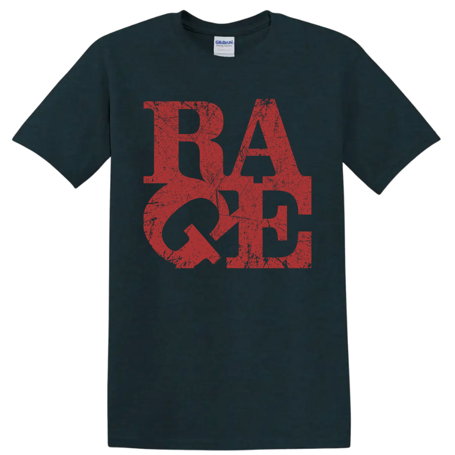 Distressed red RATM logo graphic print on a Midnight (Green) T Shirt