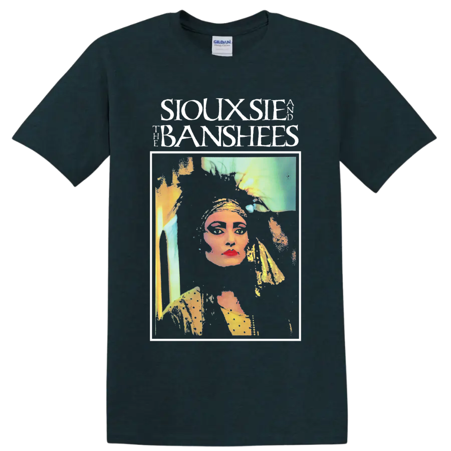 Siouxsie and the Banshees punk rock portrait graphic with bold lettering on a Midnight (Green) T Shirt
