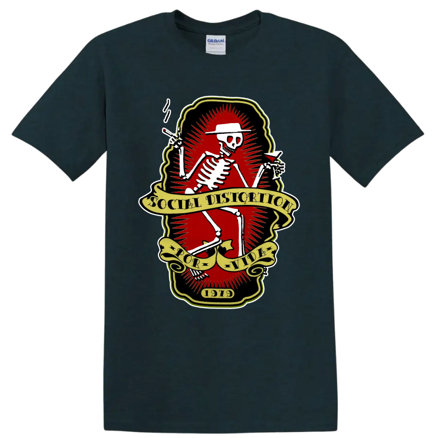 Social Distortion skeleton punk rock band logo with vintage banners on a Midnight (Green) T Shirt