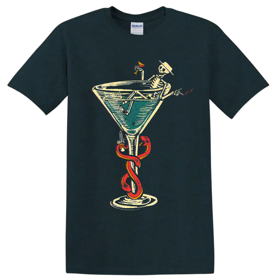 Social Distortion punk rock skeleton cocktail graphic with red snake on a Midnight (Green) T Shirt