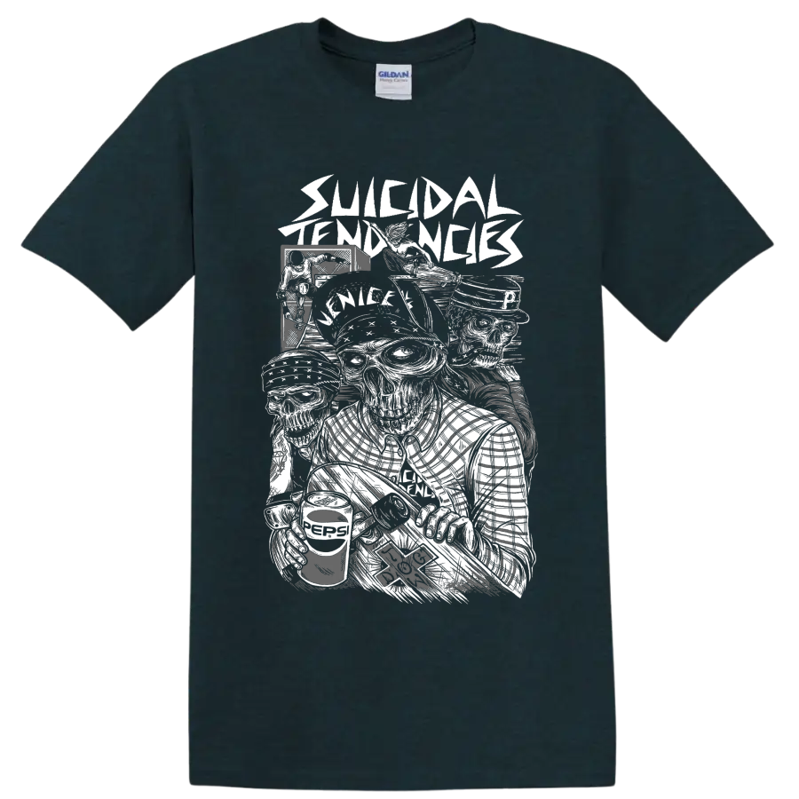 Suicidal Tendencies punk rock band graphic with illustrated figures on a Midnight (Green) T Shirt