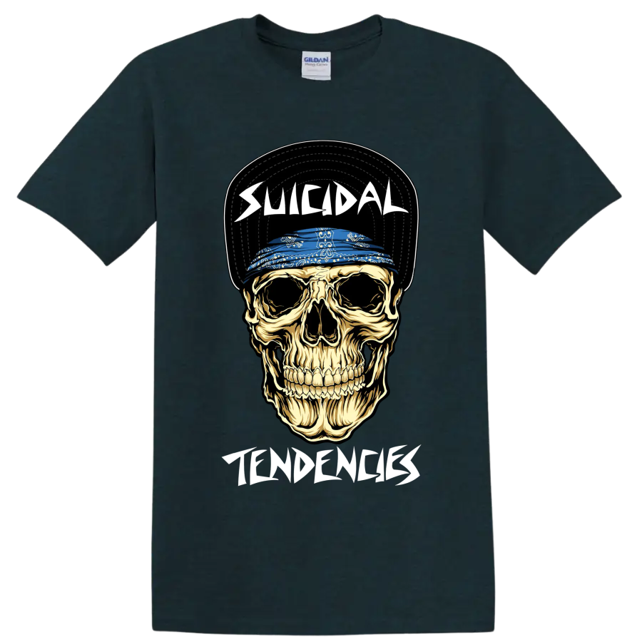 Suicidal Tendencies skull graphic with blue bandana and bold lettering on a Midnight (Green) T Shirt