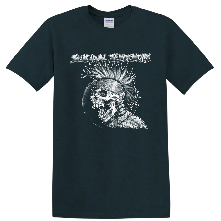 Suicidal Tendencies distressed skull punk rock graphic on a Midnight (Green) T Shirt
