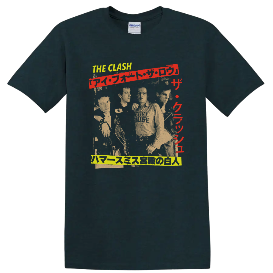 The Clash punk rock graphic with performer silhouettes and red lettering on a Midnight (Green) T Shirt