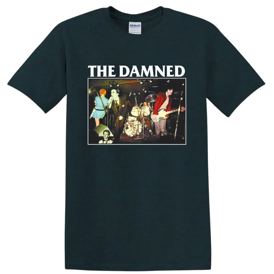 The Damned vintage punk rock live concert graphic with band lettering on a Midnight (Green) T Shirt