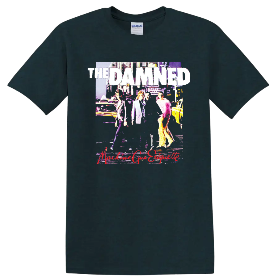 The Damned punk rock band graphic with bold white lettering and vivid collage art on a Midnight (Green) T Shirt
