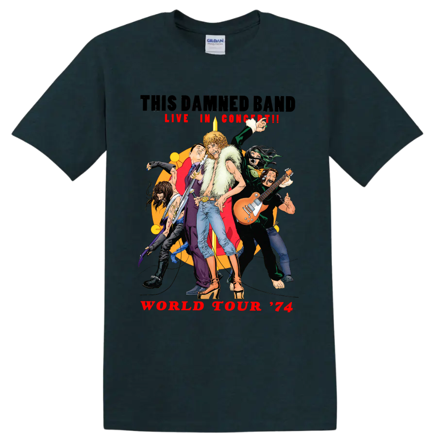 The Damned World Tour 74 vintage punk rock musicians graphic on a Midnight (Green) T Shirt
