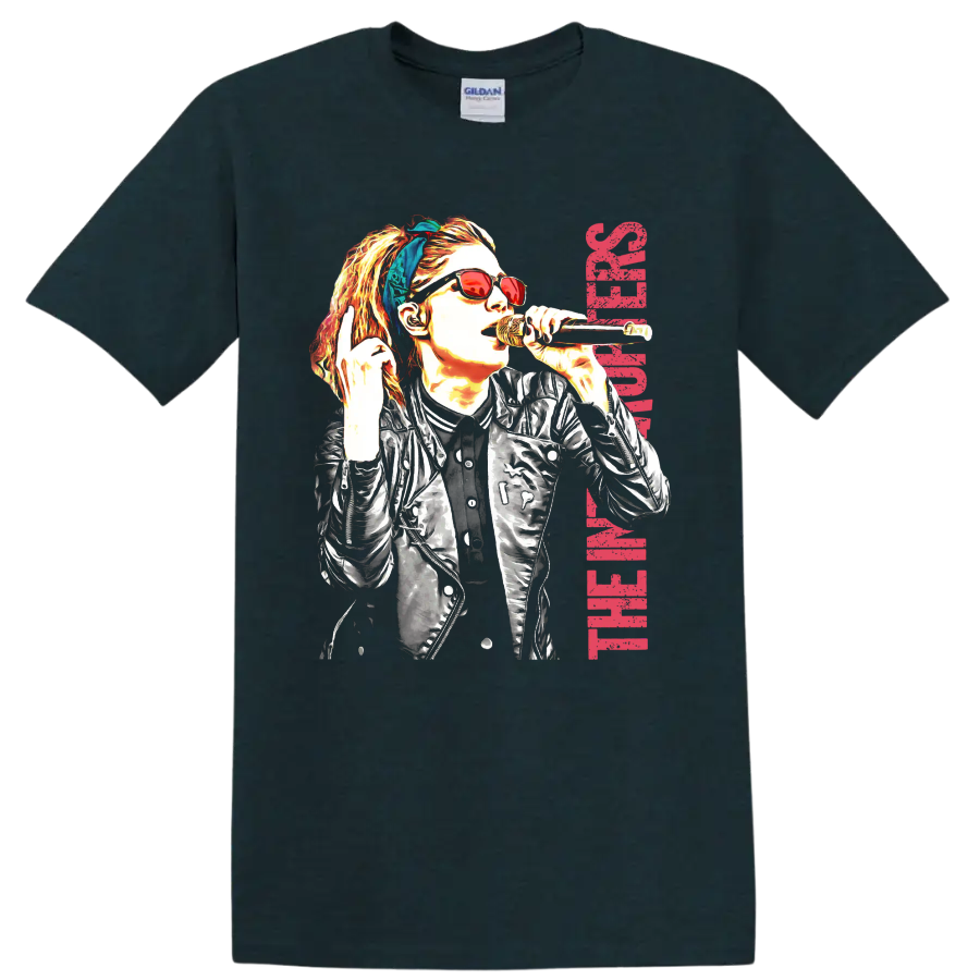 The Interrupters punk rock singer graphic with microphone and red lettering on a Midnight (Green) T Shirt