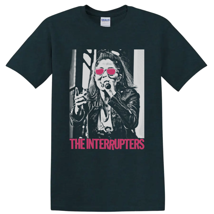 The Interrupters distressed punk rock portrait with pink sunglasses and magenta text on a Midnight (Green) T Shirt