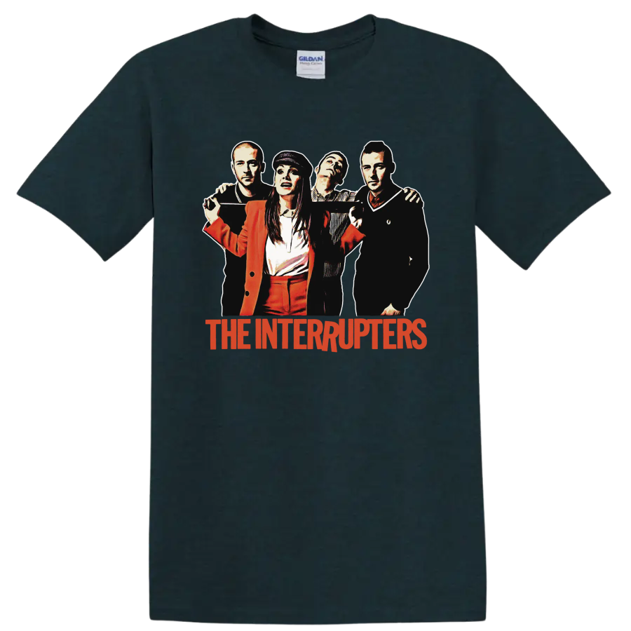 The Interrupters punk rock band portrait with red band name graphic on a Midnight (Green) T Shirt
