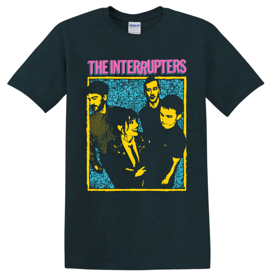 The Interrupters punk rock band portrait graphic with distressed retro styling on a Midnight (Green) T Shirt