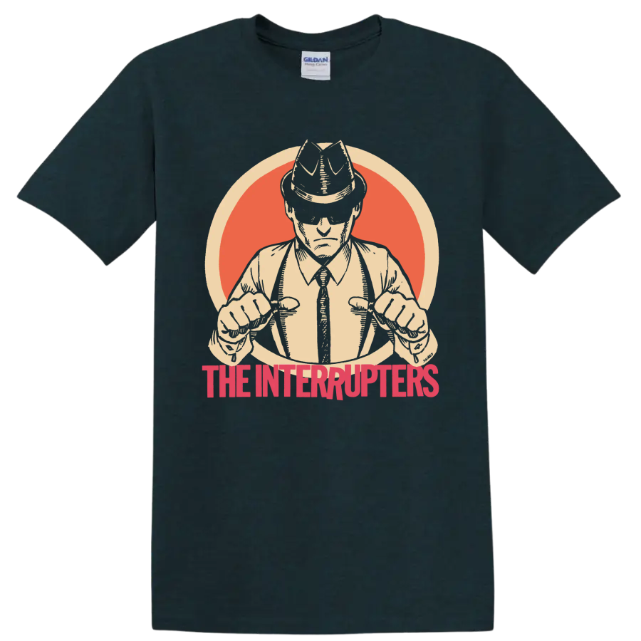 The Interrupters punk rock band graphic with hat-wearing figure and red lettering on a Midnight (Green) T Shirt