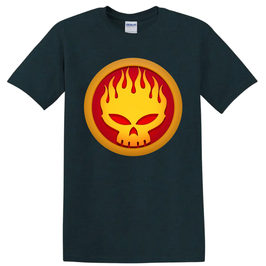 The Offspring flaming face punk rock logo graphic on a Midnight (Green) T Shirt