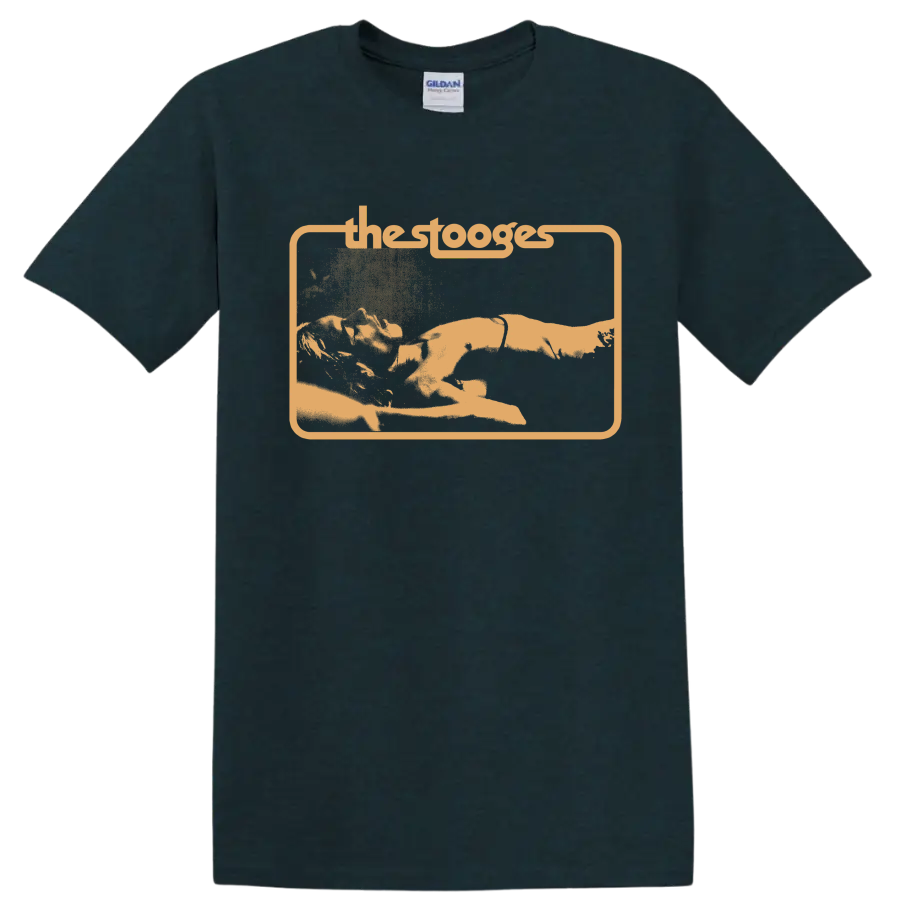 The Stooges distressed punk rock band graphic with framed lettering on a Midnight (Green) T Shirt
