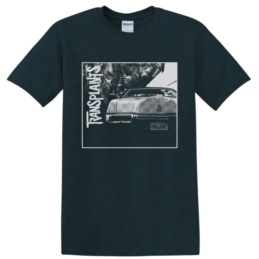 Transplants punk rock distressed car graphic with vertical band lettering on a Midnight (Green) T Shirt