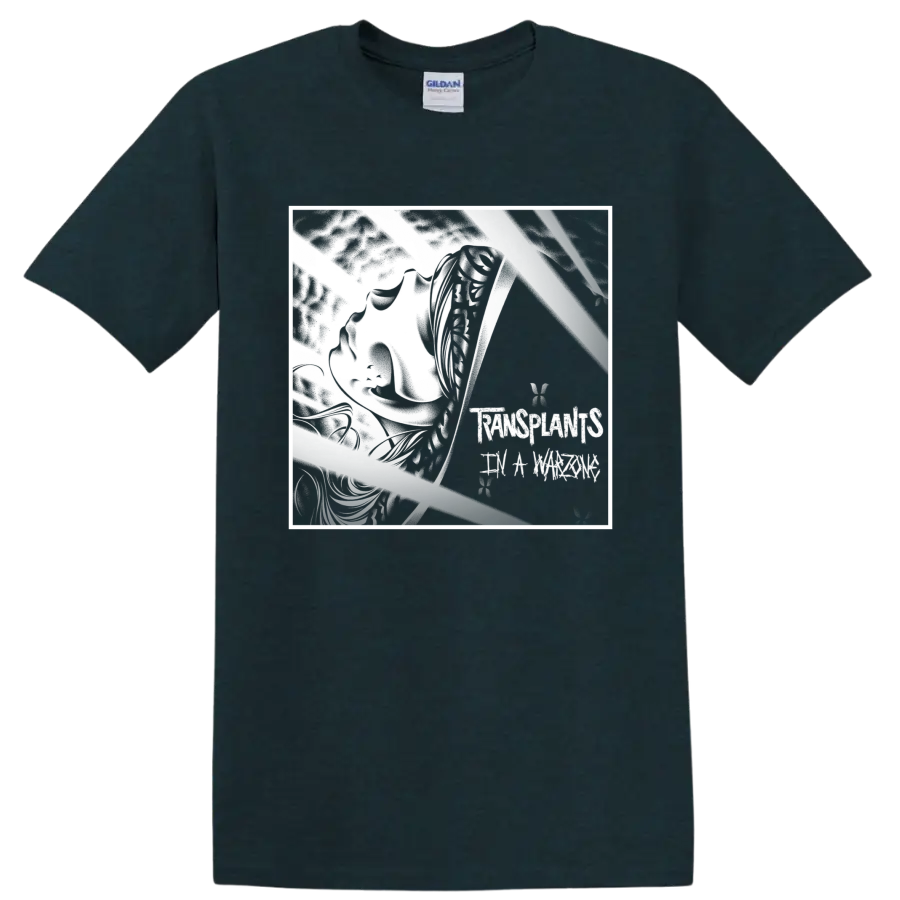 Transplants punk rock graphic with bold angular black-and-white emblem on a Midnight (Green) T Shirt