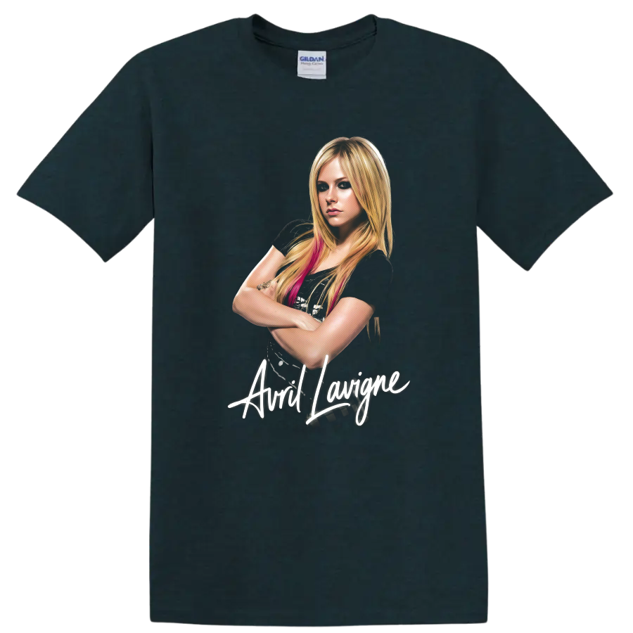 Avril Lavigne pop art portrait with white script lettering on a Midnight (Green) T Shirt