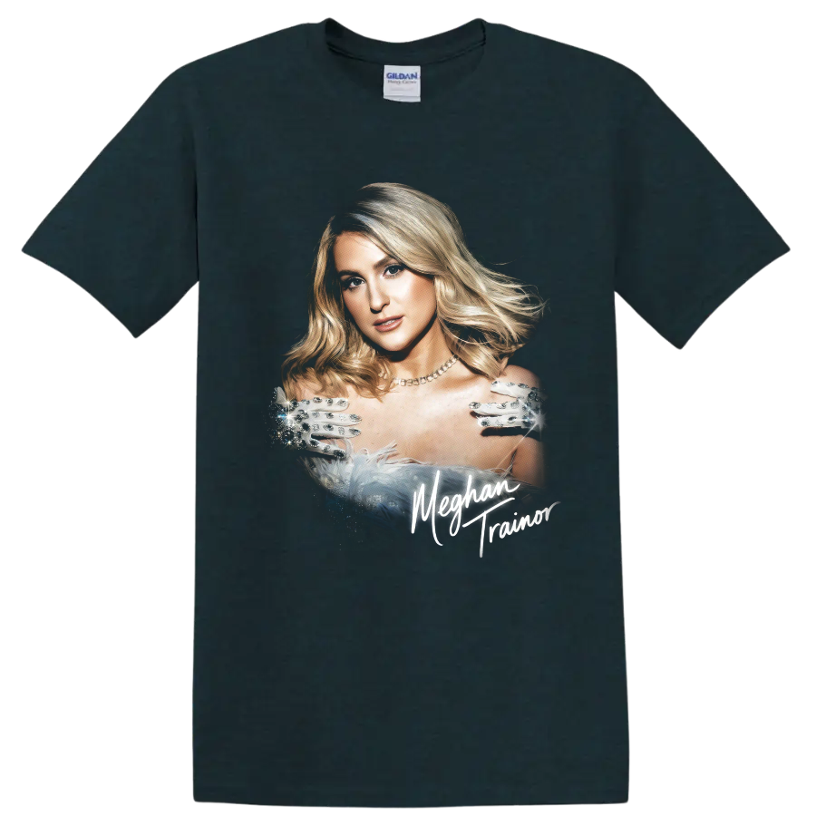 Meghan Trainor glamorous pop star portrait with script lettering on a Midnight (Green) T Shirt