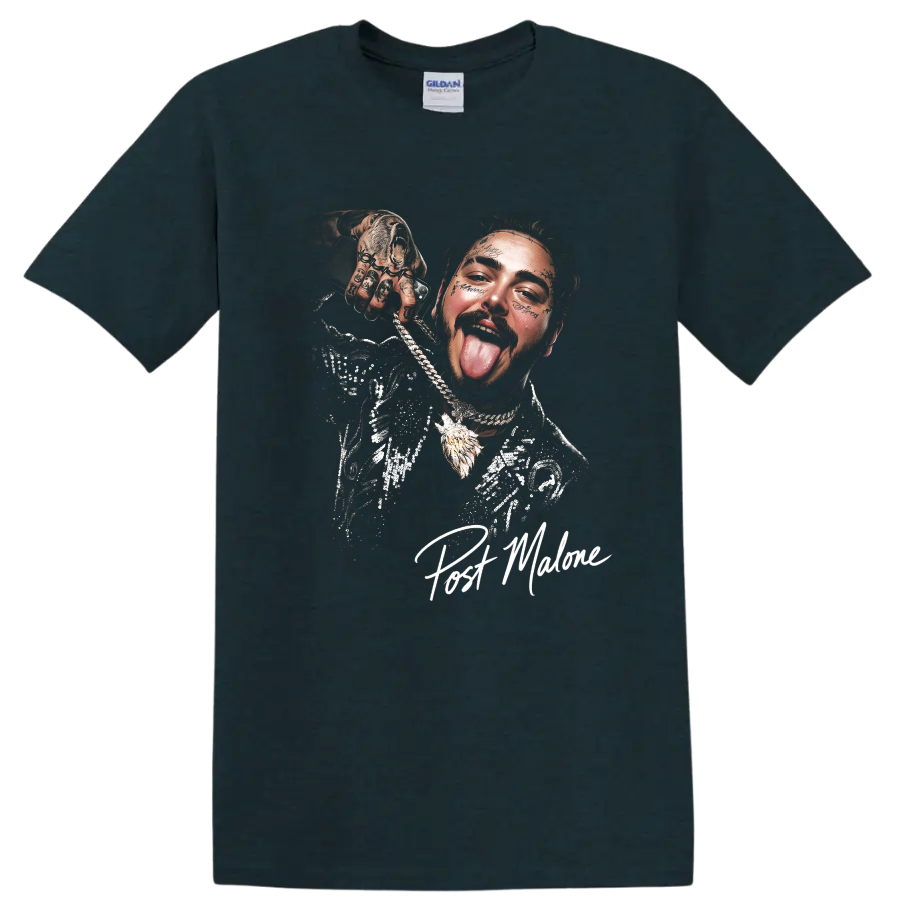 Post Malone stylized halftone portrait with chains and facial tattoos on a Midnight (Green) T Shirt