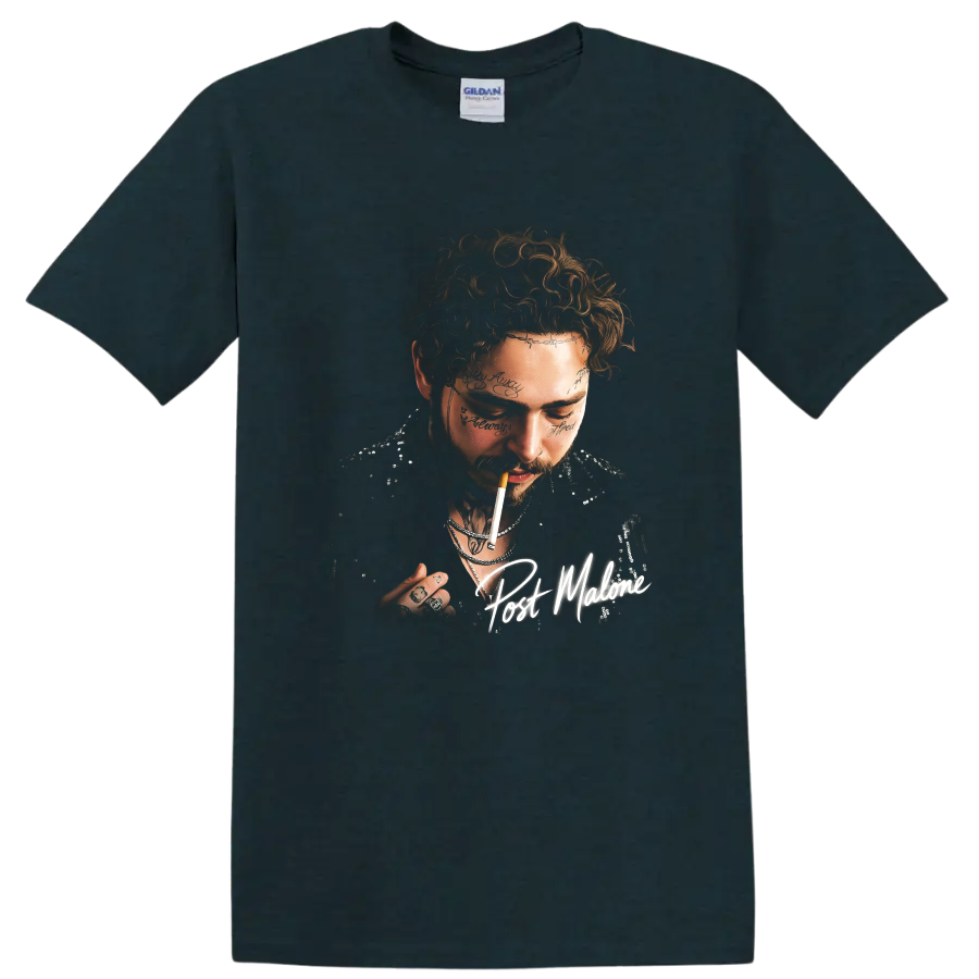 Post Malone portrait with handwritten signature, curly hair, and facial tattoos on a Midnight (Green) T Shirt
