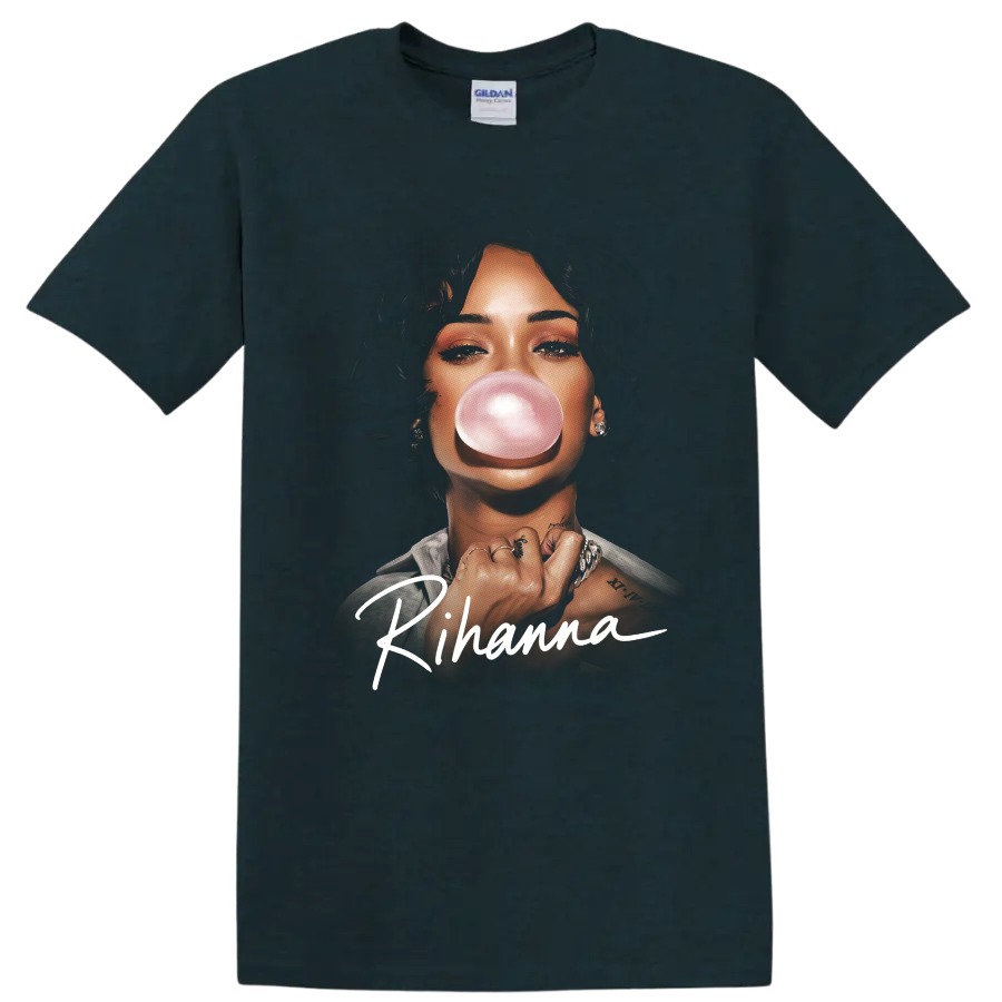 Rihanna pop-art portrait blowing a pink bubble with signature lettering on a Midnight (Green) T Shirt