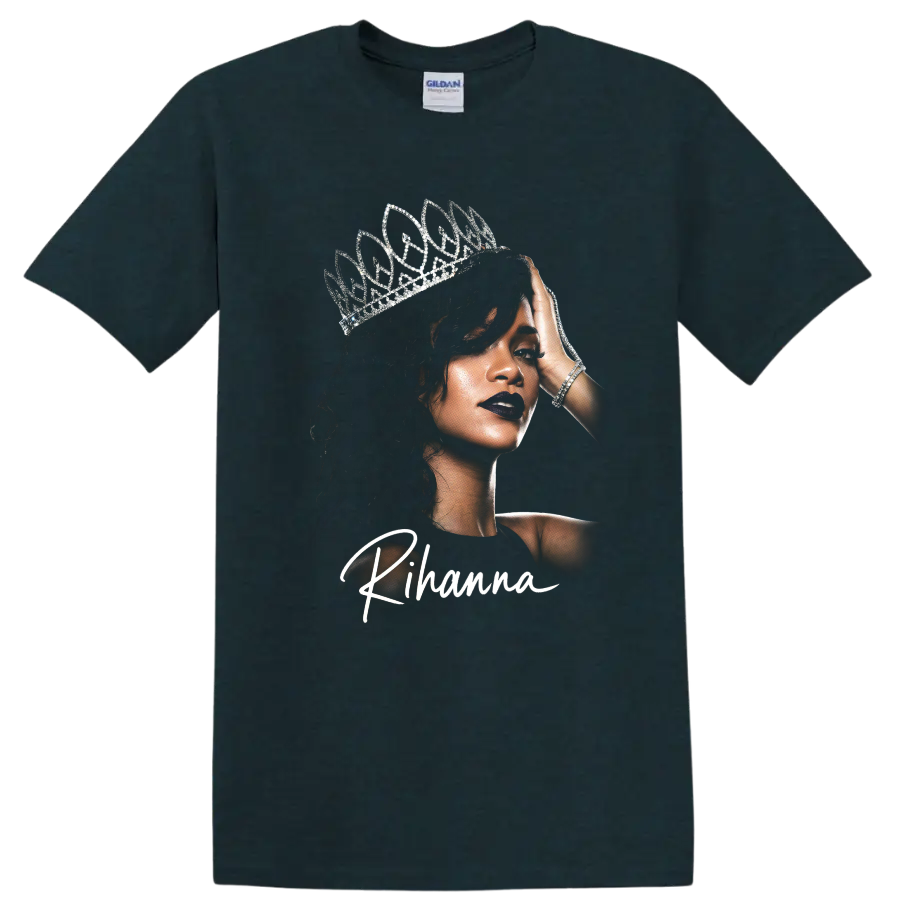 Rihanna portrait with silver crown and white script design on a Midnight (Green) T Shirt