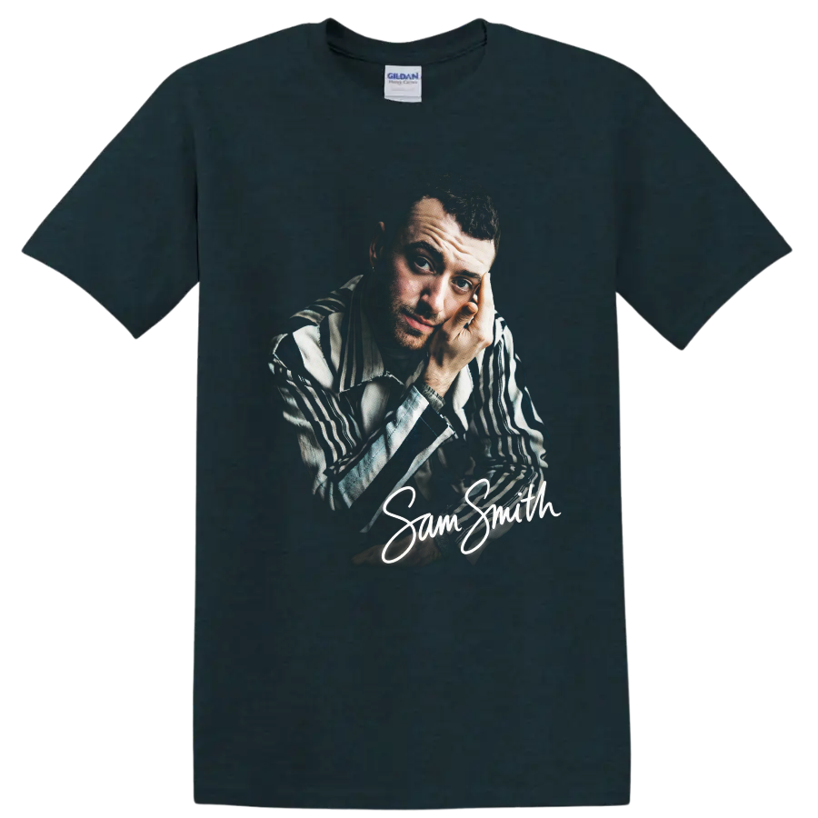 Sam Smith portrait fan art with handwritten signature on a Midnight (Green) T Shirt