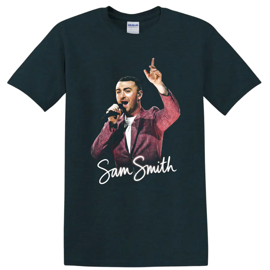 Sam Smith performing with microphone and raised hand, script name design on a Midnight (Green) T Shirt