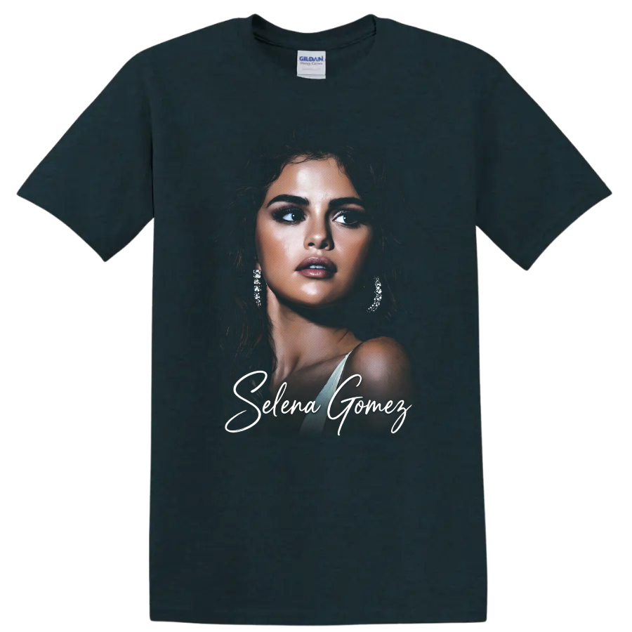 Selena Gomez glamorous digital portrait with white script lettering on a Midnight (Green) T Shirt