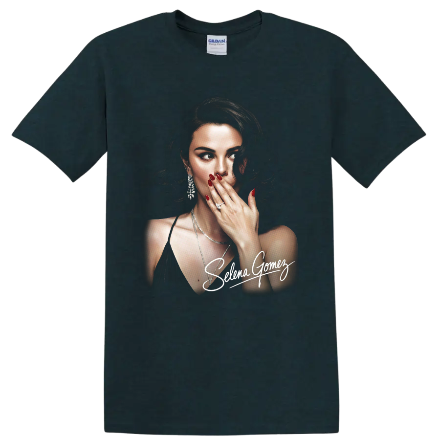 Selena Gomez portrait digital illustration with signature on a Midnight (Green) T Shirt