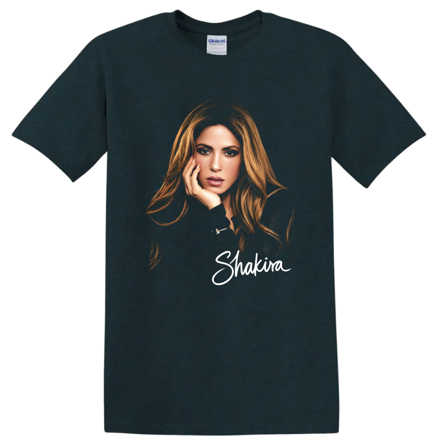Shakira portrait fashion illustration with white script name on a Midnight (Green) T Shirt