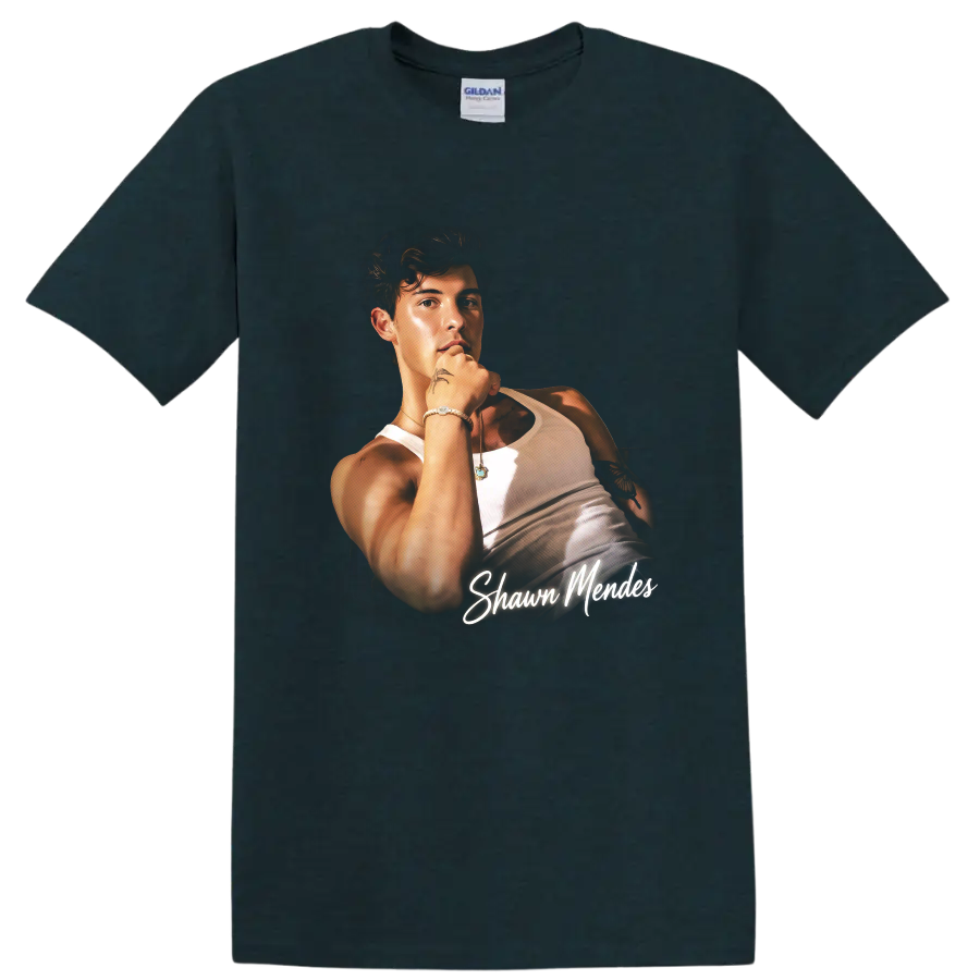 Shawn Mendes portrait fan art with white script lettering on a Midnight (Green) T Shirt