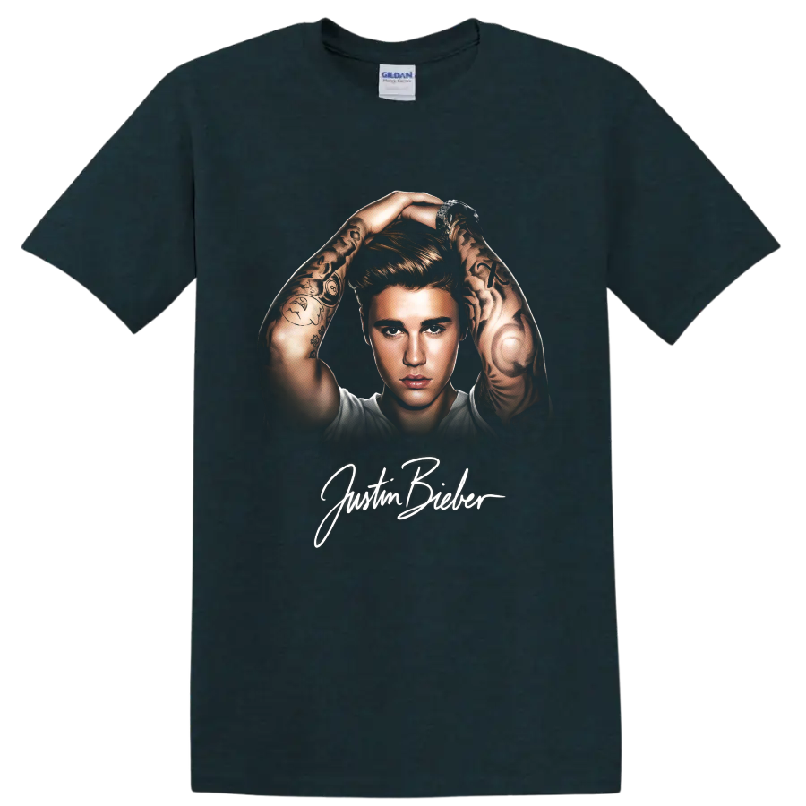Justin Bieber pop-art portrait with tattooed arms and signature text on a Midnight (Green) T Shirt
