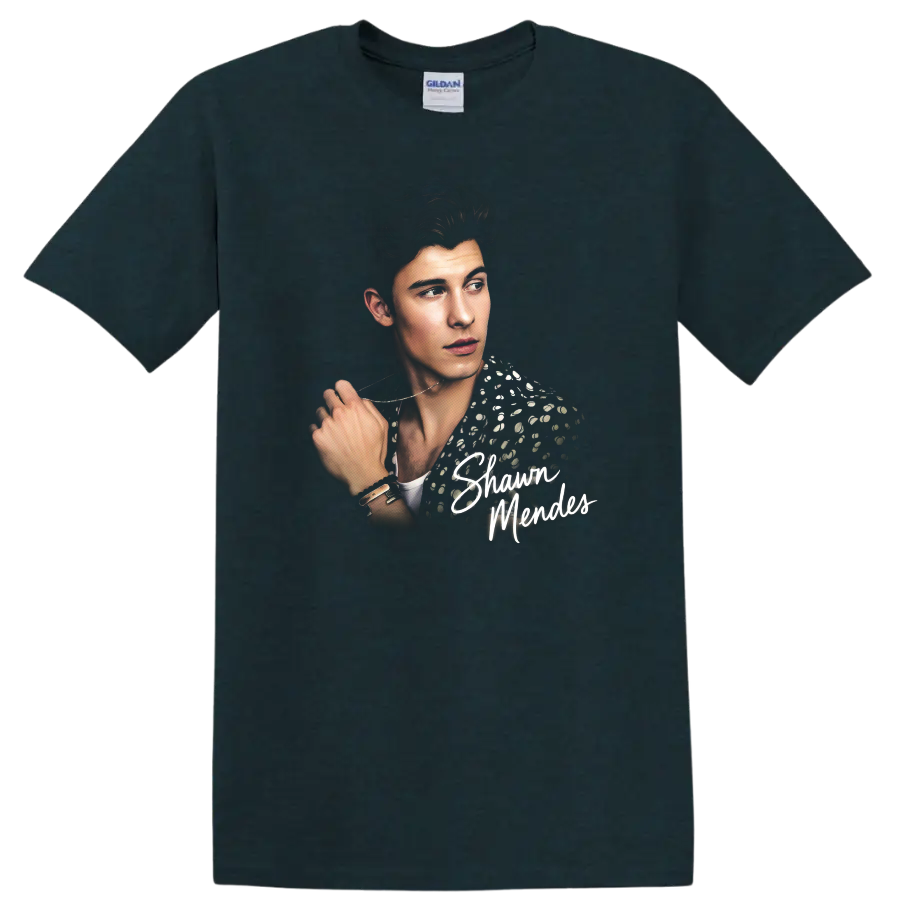 Shawn Mendes portrait graphic with script lettering and patterned jacket on a Midnight (Green) T Shirt
