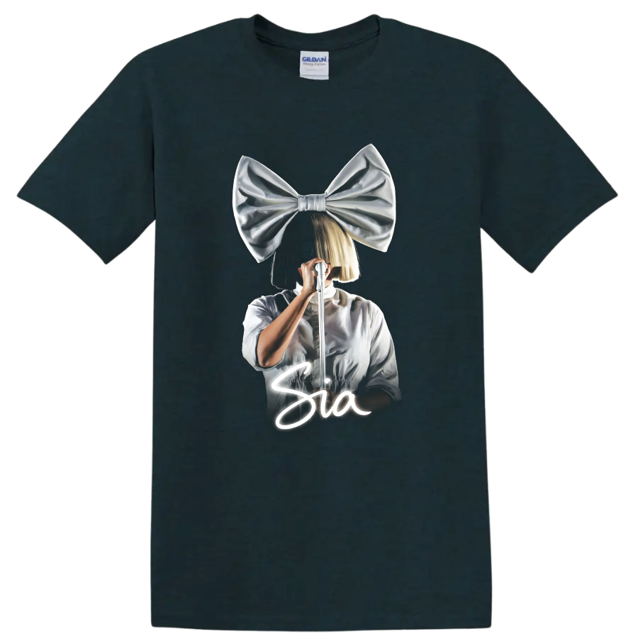 Sia-inspired pop singer with oversized bow and microphone graphic on a Midnight (Green) T Shirt