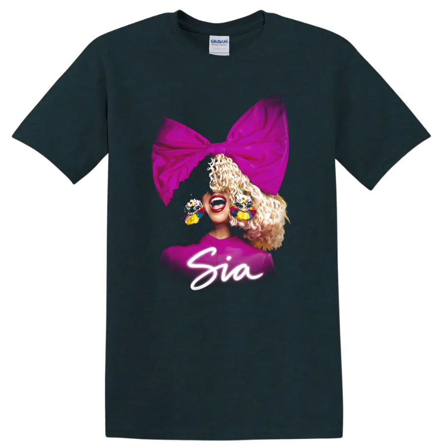 Sia pop star portrait with oversized pink bow and colorful earrings on a Midnight (Green) T Shirt