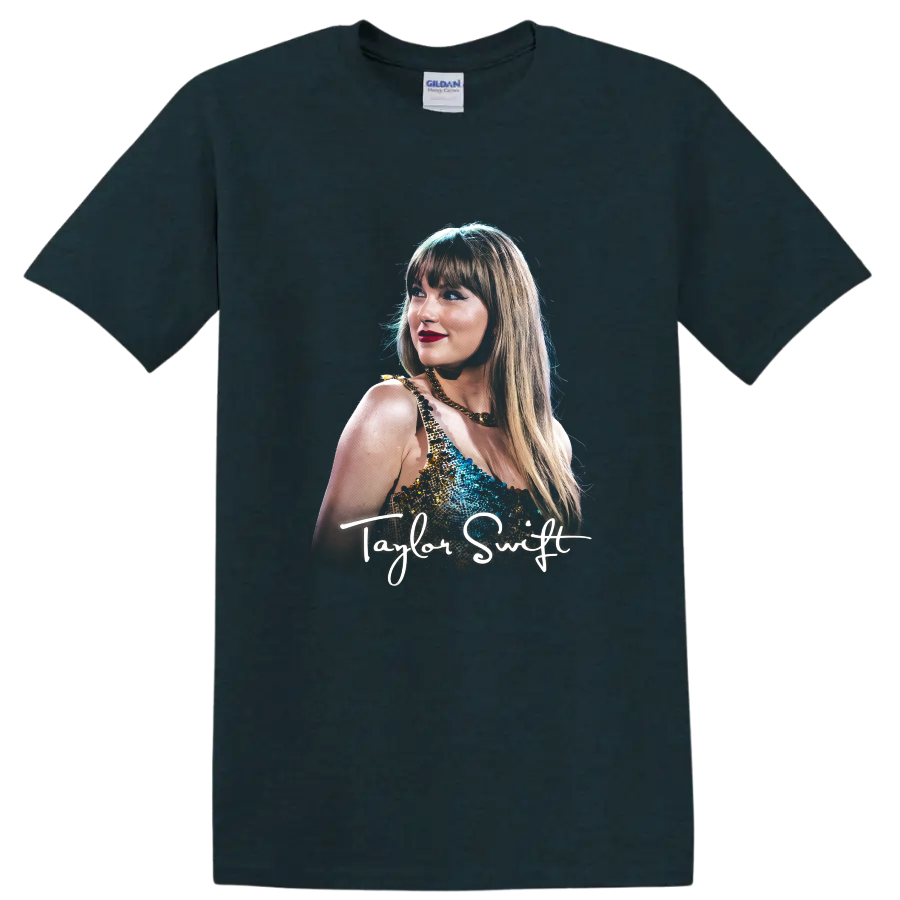 Taylor Swift Eras Tour portrait graphic with signature script on a Midnight (Green) T Shirt