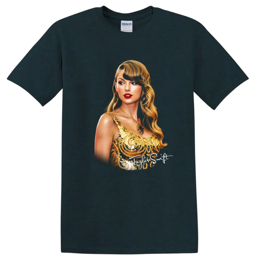 Taylor Swift Fearless era gold dress digital portrait with Taylor Swift text on a Midnight (Green) T Shirt