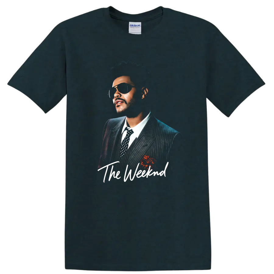 The Weeknd portrait graphic with sunglasses, pinstripe suit, and script text on a Midnight (Green) T Shirt