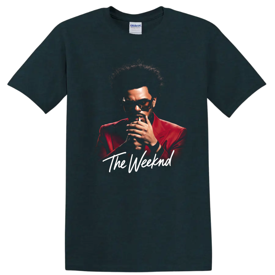 The Weeknd After Hours digital portrait in a red suit with script text on a Midnight (Green) T Shirt