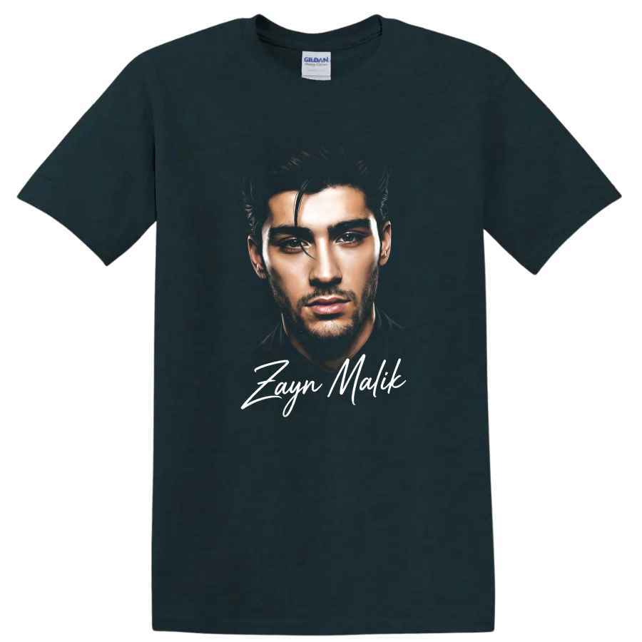 Watercolor-style Zayn Malik portrait with handwritten name lettering on a Midnight (Green) T Shirt