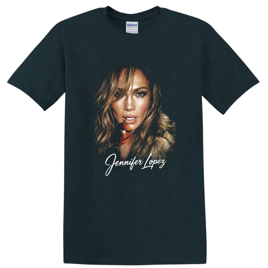 Jennifer Lopez stylized pop star portrait with signature script on a Midnight (Green) T Shirt