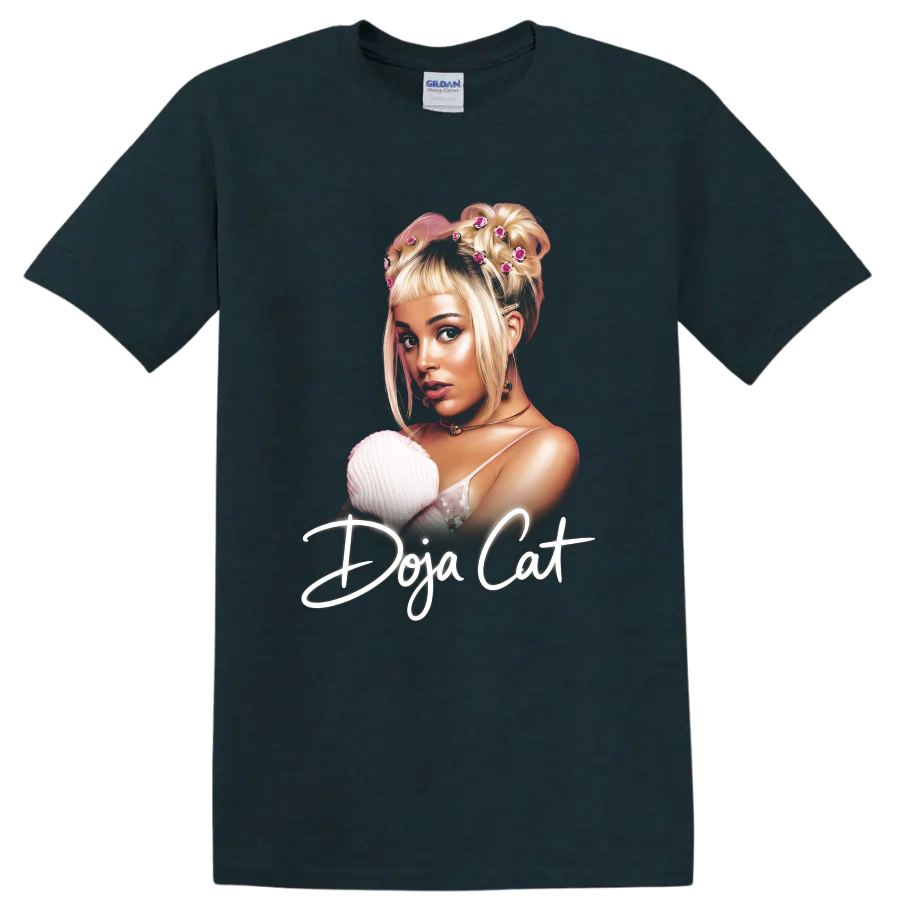 Doja Cat Y2K digital portrait with floral hair details and script text on a Midnight (Green) T Shirt