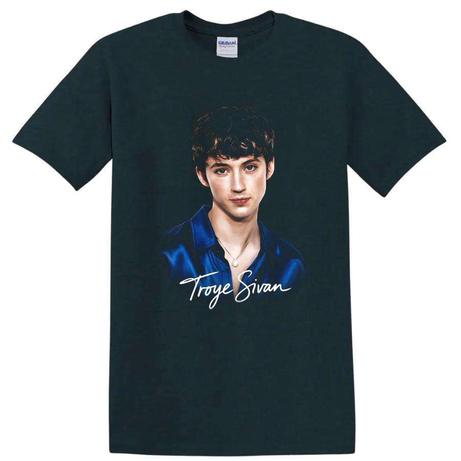 Troye Sivan portrait graphic with white script name lettering on a Midnight (Green) T Shirt