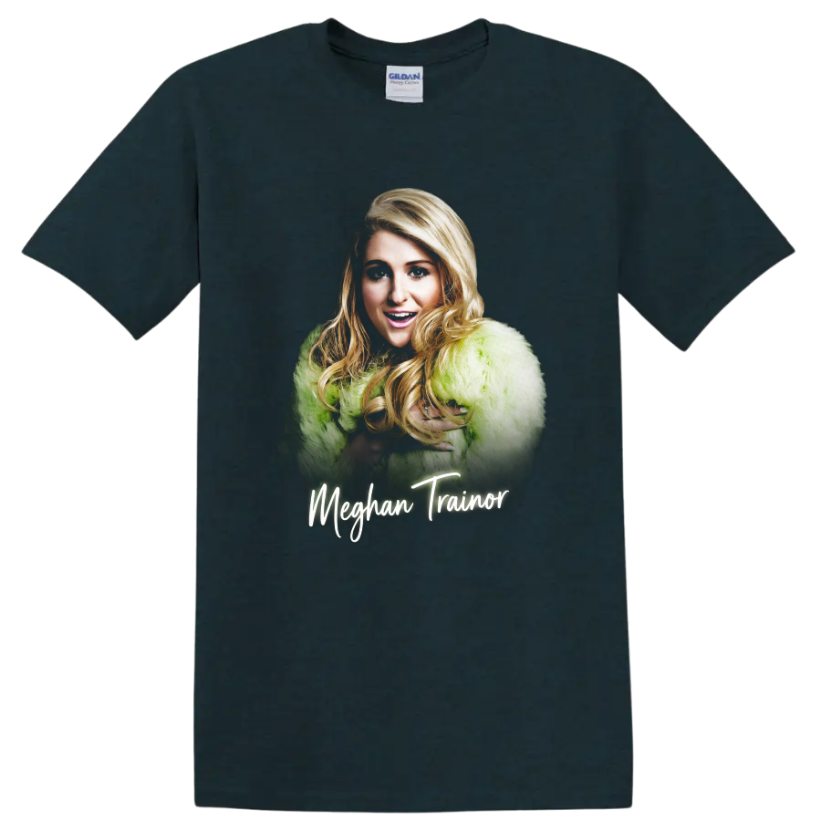 Meghan Trainor portrait graphic with lime green coat and script name on a Midnight (Green) T Shirt