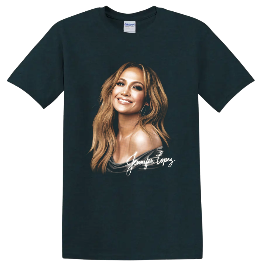Jennifer Lopez stylized portrait with white signature artwork on a Midnight (Green) T Shirt