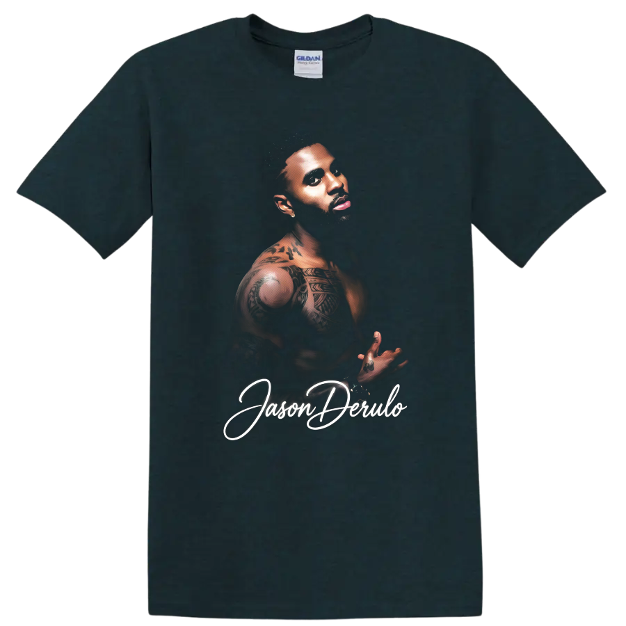 Jason Derulo tattooed portrait with white script lettering on a Midnight (Green) T Shirt