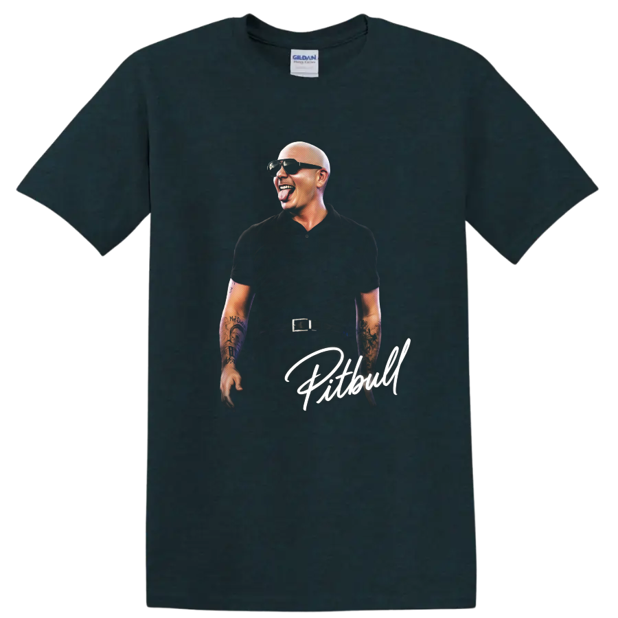 Pitbull portrait graphic with sunglasses, tattoos, and white script lettering on a Midnight (Green) T Shirt
