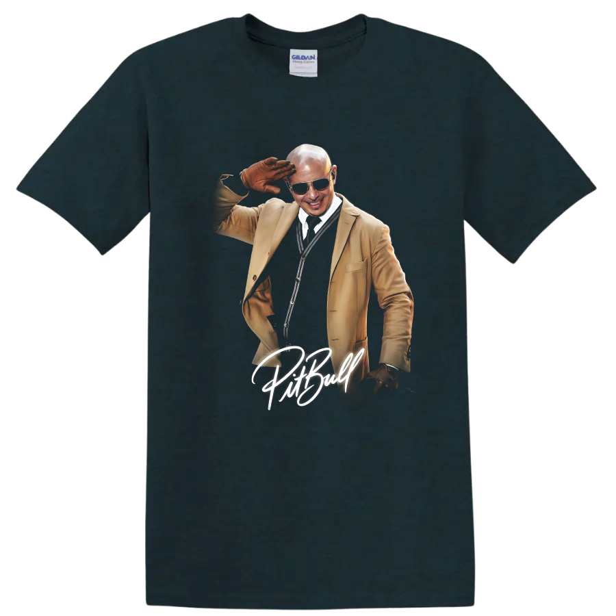 Pitbull GTA-inspired illustrated portrait with handwritten name on a Midnight (Green) T Shirt